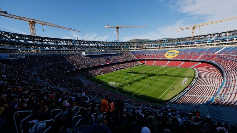 A general view of the Camp Nou stadium in Barcelona, Spain, Friday, Nov. 7, 2025, during the team's first training session at the venue after its renovation. (Joan Monfort/AP Photo)