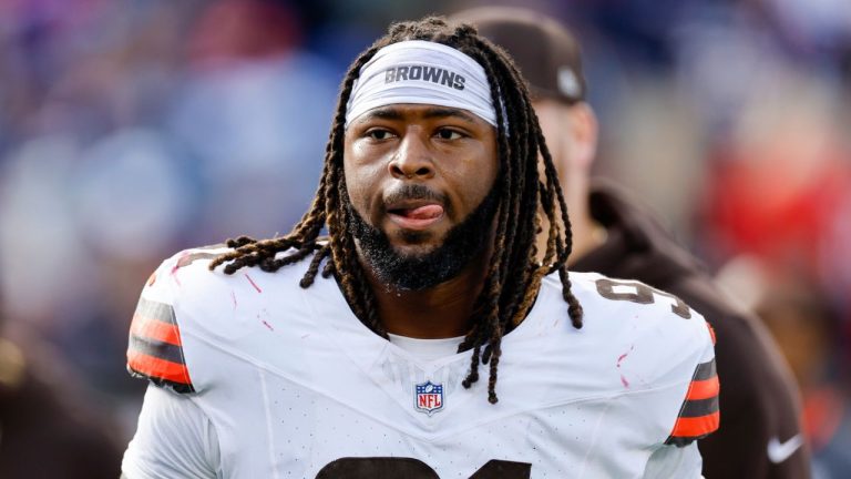 Cleveland Browns defensive end Alex Wright (91) reacts during the first half of a game against the New England Patriots, Sunday, Oct. 26, 2025, in Foxborough, Mass. (AP Photo/Greg M. Cooper)
