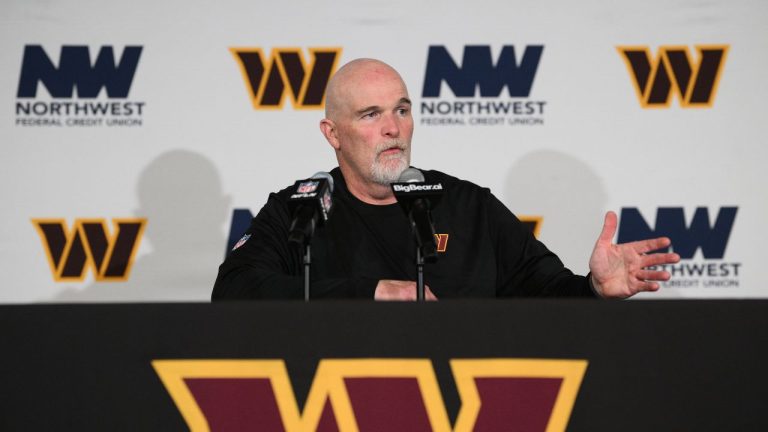 Washington Commanders head coach Dan Quinn speaks during a news conference following an NFL football game against the Detroit Lions Sunday, Nov. 9, 2025, in Landover, Md. (AP Photo/Nick Wass)