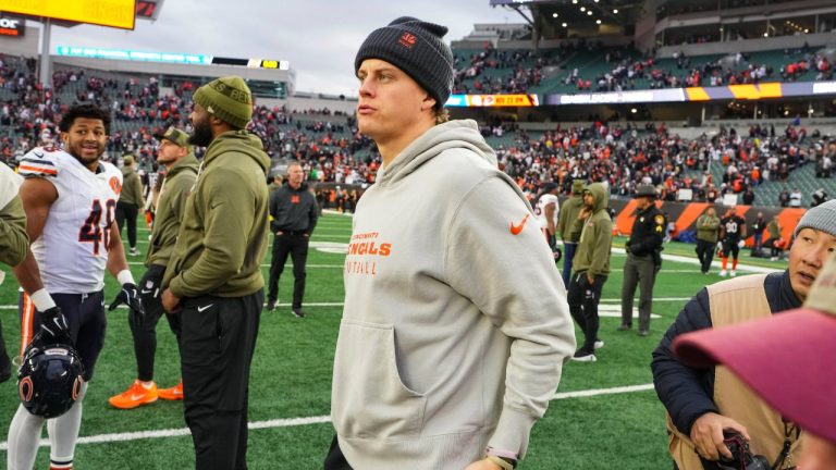 Cincinnati Bengals' Joe Burrow looks on following an NFL football game against the Chicago Bears Sunday, Nov. 3, 2025, in Cincinnati. (Jeff Dean/AP Photo)