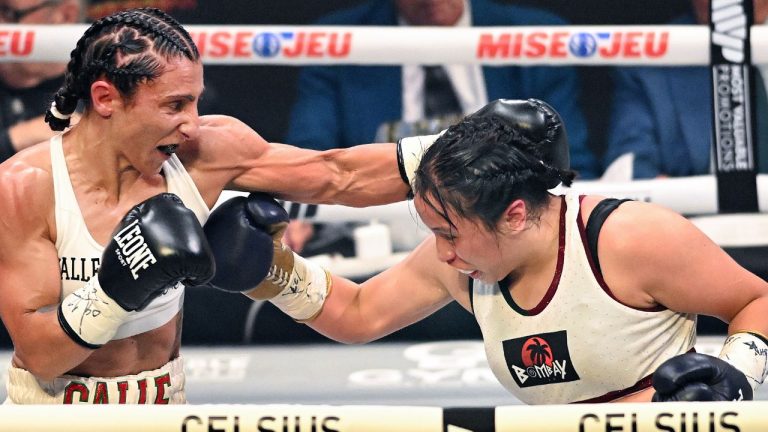 Alondra Hernandez, right, and Amanda Galle trade blows during their bantamweight fight at the Most Valuable Prospects 15 event in Montreal, Saturday Sept. 27, 2025. (THE CANADIAN PRESS/Graham Hughes)