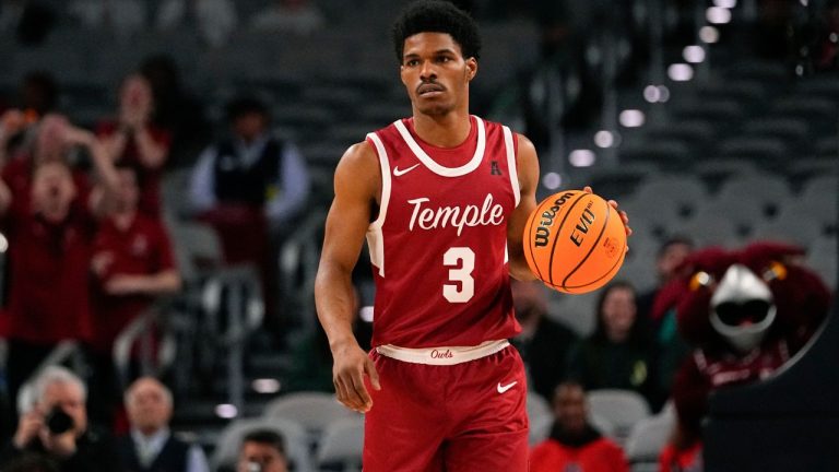 Temple's Hysier Miller dribbles up court against UAB during the first half of an NCAA college basketball game in the championship of the American Athletic Conference tournament, March 17, 2024, in Fort Worth, Texas. (Julio Cortez/AP)