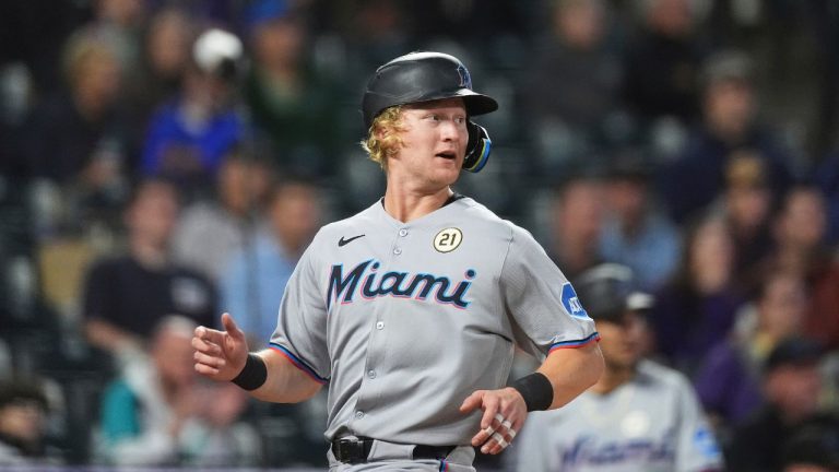 Miami Marlins right fielder Joey Wiemer (41) in the third inning of a baseball game Tuesday, Sept. 16, 2025, in Denver. (David Zalubowski/AP)