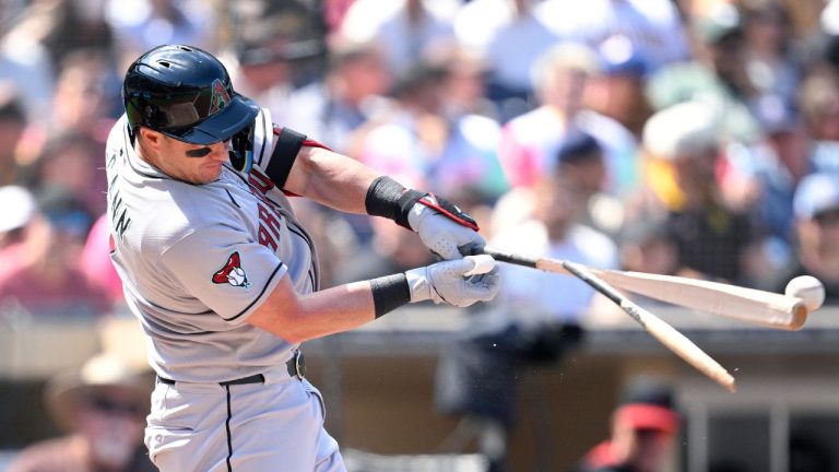 Arizona Diamondbacks' James McCann breaks his bat on a foul ball during the third inning of a baseball game against the San Diego Padres Sunday, Sept. 28, 2025, in San Diego. (Orlando Ramirez/AP)