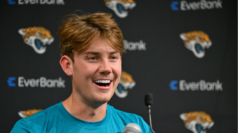 Jacksonville Jaguars place kicker Cam Little speaks to reporters after an NFL football game against the Las Vegas Raiders, Sunday, Nov. 2, 2025, in Las Vegas. (AP Photo/David Becker)