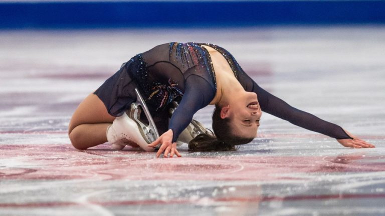 Sara-Maude Dupuis of Canada skates in the Women's Short Program in the 2025 Skate Canada International event in Saskatoon, on Friday, October 31, 2025. (Matt Smith/CP)