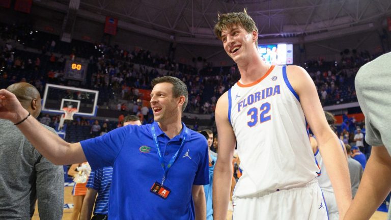 Florida center Olivier Rioux (32) smiles after an NCAA college basketball game against Merrimack, Friday, Nov. 21, 2025, in Gainesville, Fla. (Noah Lantor/AP)