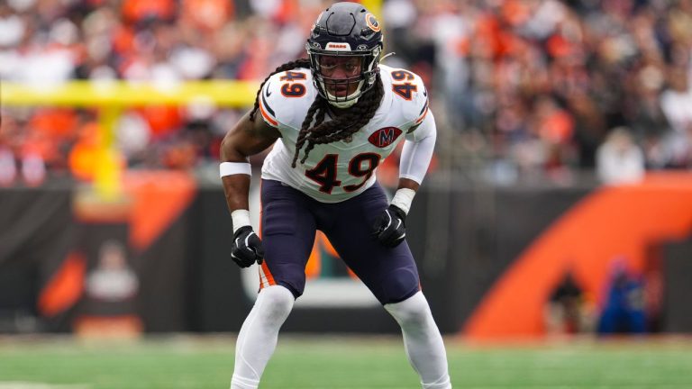 Chicago Bears middle linebacker Tremaine Edmunds (49) looks on during an NFL football game against the Cincinnati Bengals Sunday, Nov. 3, 2025, in Cincinnati. (Jeff Dean/AP)