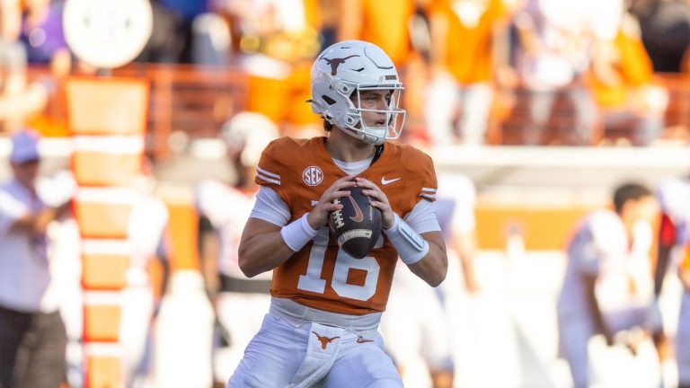 Texas quarterback Arch Manning (16) looks for a receiver against Arkansas during the first half of an NCAA college football game Saturday, Nov. 22, 2025, in Austin, Texas. (Stephen Spillman/AP)
