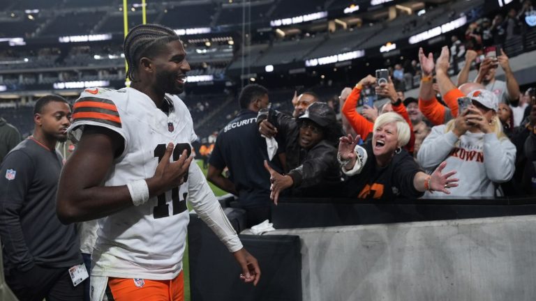 Cleveland Browns quarterback Shedeur Sanders (12) walks off the field after an NFL football game against the Las Vegas Raiders in Las Vegas, Sunday, Nov. 23, 2025. (Eric Gay/AP)