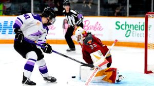 Ottawa Charge goaltender Gwyneth Philips makes a save on Minnesota Frost's Denisa Krizova during second period PWHL playoff hockey action in the Walter Cup Final, in Ottawa, on Tuesday, May 20, 2025. (Justin Tang/CP)