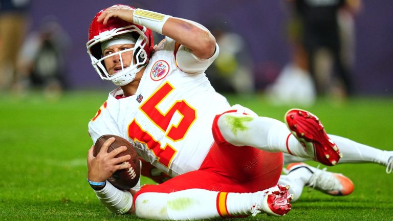 Kansas City Chiefs quarterback Patrick Mahomes reacts after being sacked during the second half an NFL football game against the Denver Broncos Sunday, Nov. 16, 2025, in Denver. (AP Photo/Jack Dempsey)