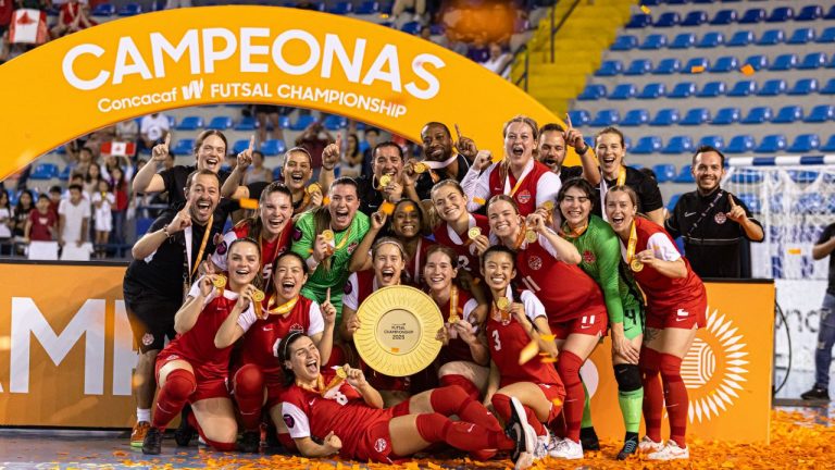 Canada celebrates its 8-2 win over Panama in the final of the first-ever CONCACAF W women's Futsal Championship, in Guatemala City in a May 4, 2025, handout photo. (Via CP)