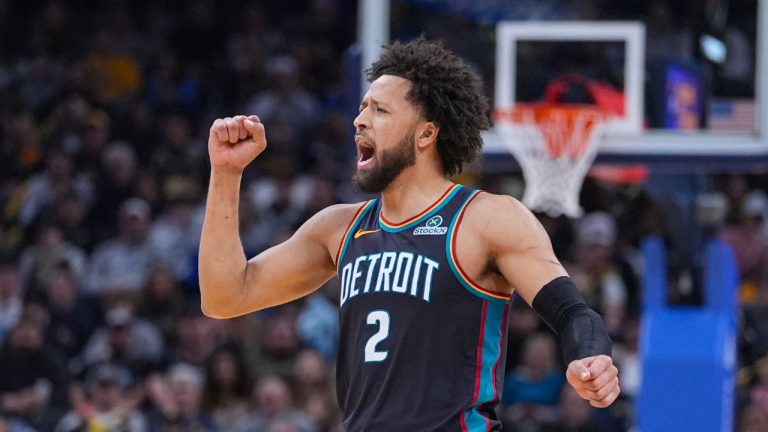 Detroit Pistons guard Cade Cunningham celebrates during the first half of an NBA basketball game against the Indiana Pacers in Indianapolis, Monday, Nov. 24, 2025. (Michael Conroy/AP)