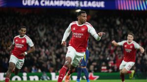 Arsenal's Gabriel, centre, celebrates after scoring the opening goal during the Champions League opening phase soccer match between Arsenal and Atletico Madrid in London, England, Tuesday, Oct. 21, 2025. (Alastair Grant/AP)