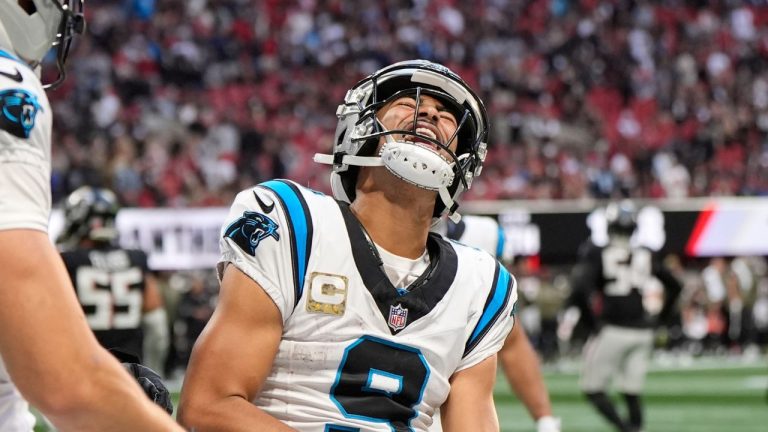 Carolina Panthers quarterback Bryce Young celebrates his touchdown pass in the second half of an NFL football game against the Atlanta Falcons, Sunday, Nov. 16, 2025, in Atlanta. (Brynn Anderson/AP)