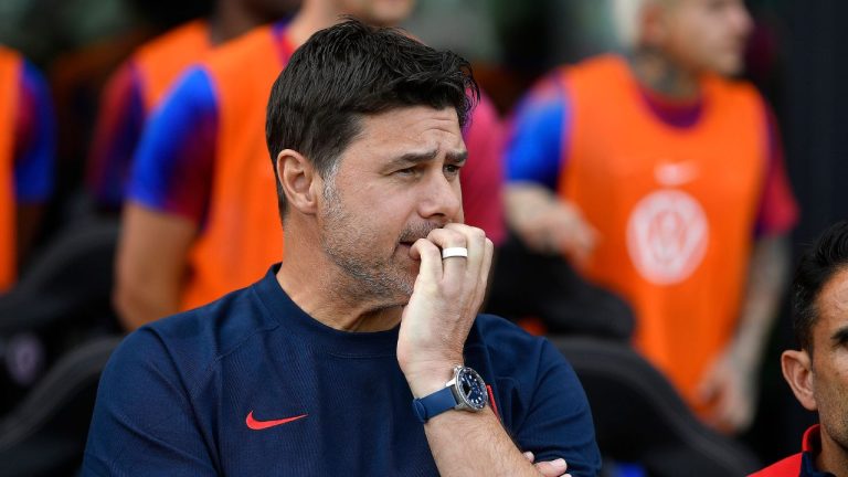 United States coach Mauricio Pochettino watches his team walk on the field before playing an international friendly soccer game against Venezuela, Saturday, Jan 18, 2025, in Fort Lauderdale, Fla. (Michael Laughlin/AP)