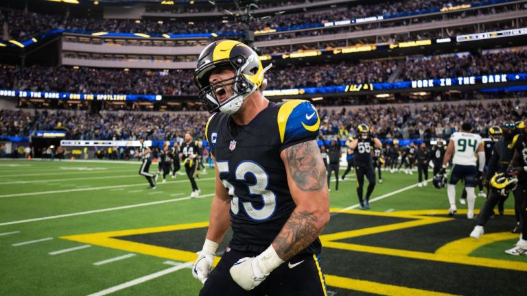 Los Angeles Rams linebacker Nate Landman reacts after an NFL football game against the Seattle Seahawks, Sunday, Nov. 16, 2025, in Inglewood, Calif. (Kyusung Gong/AP)