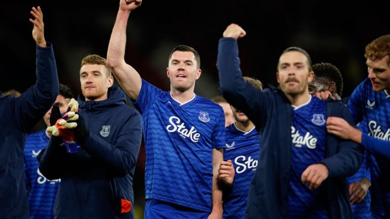 Everton's Michael Keane, centre, celebrates after the English Premier League soccer match between Manchester United and Everton in Manchester, England, Monday, Nov. 24, 2025. (Dave Thompson/AP)