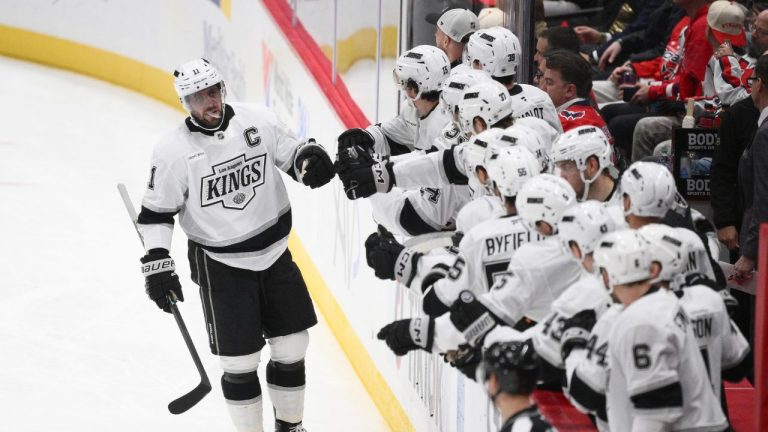 Los Angeles Kings centre Anze Kopitar celebrates his goal during the second period of an NHL hockey game against the Washington Capitals, Monday, Nov. 17, 2025, in Washington. (Nick Wass/AP)