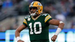 Green Bay Packers' Jordan Love reacts to a touchdown pass during the second half of an NFL football game against the New York Giants Sunday, Nov. 16, 2025, in East Rutherford, N.J. (Adam Hunger/AP)