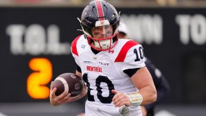 Montreal Alouettes quarterback Davis Alexander (10) runs the ball during first half CFL eastern final football action against the Hamilton Tiger-Cats, in Hamilton, Ont., Saturday, Nov. 8, 2025. (Frank Gunn/THE CANADIAN PRESS)