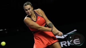 Aryna Sabalenka of Belarus plays a backhand return to Coco Gauff of the United States during their women's singles match at the WTA tennis finals in Riyadh, Saudi Arabia, Thursday, Nov. 6, 2025. (Fatima Shbair/AP)