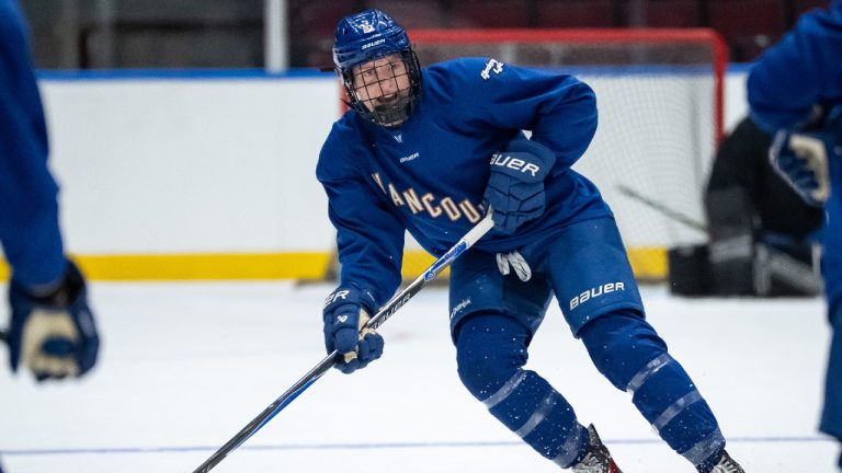 Vancouver Goldeneyes Ashton Bell (21) skates during the opening day of the PWHL team's training camp, in Vancouver, on Monday, Nov. 10, 2025. (Ethan Cairns/CP)