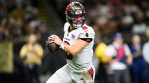Tampa Bay Buccaneers quarterback Baker Mayfield (6) in the second half of an NFL football game against the New Orleans Saints, Sunday, Oct. 26, 2025, in New Orleans. (Ella Hall/AP)