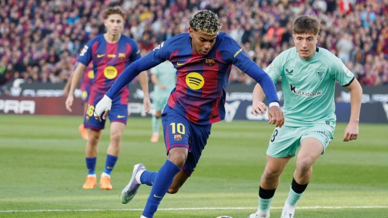 Barcelona's Lamine Yamal in action in front of Athletic Bilbao's Oihan Sancet during a La Liga soccer match between Barcelona and Athletic in Barcelona, Spain, Saturday, Nov. 22, 2025. (Joan Monfort/AP)