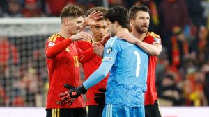Players of Belgium celebrate after the 2026 World Cup group J qualifying soccer match between Belgium and Liechtenstein in Liege, Belgium, Tuesday, Nov. 18, 2025. (Geert Vanden Wijngaert/AP Photo)