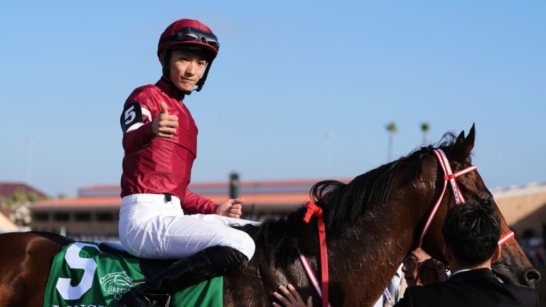 Ryusei Sakai celebrates after riding Forever Young to victory in the Breeders' Cup Classic horse race on Saturday, Nov. 1, 2025, in Del Mar, Calif. (Gregory Bull/AP Photo)