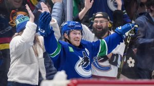 Vancouver Canucks' Brock Boeser celebrates his goal against the Columbus Blue Jackets during the third period of an NHL hockey game, in Vancouver, on Saturday, November 8, 2025. (Darryl Dyck/CP)