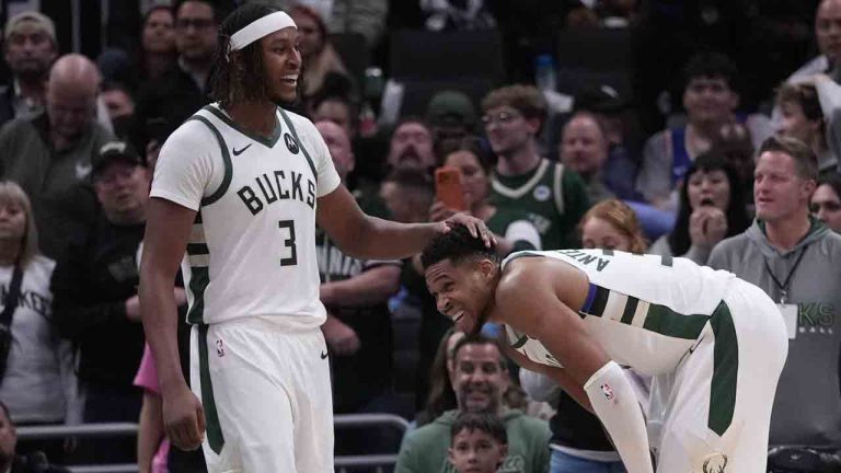 Milwaukee Bucks' Myles Turner rubs Giannis Antetokounmpo's head during the second half of an NBA basketball game against the New York Knicks Tuesday, Oct. 28, 2025, in Milwaukee. (Morry Gash/AP)
