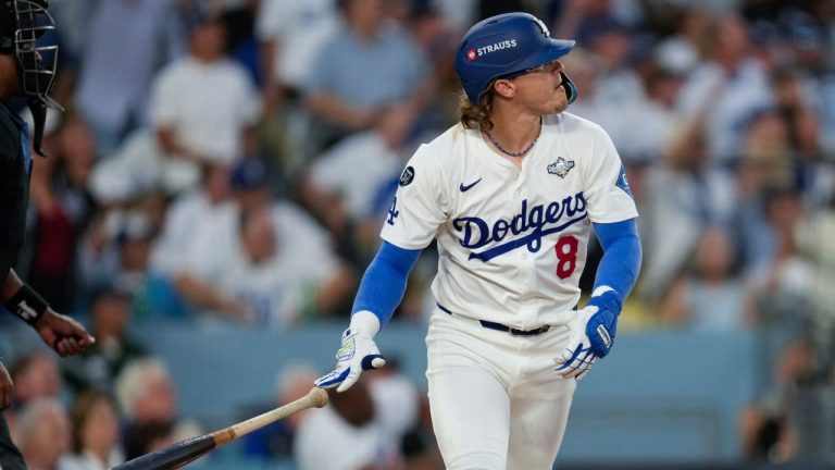 Los Angeles Dodgers' Kiké Hernández watches his home run take flight against the Toronto Blue Jays during the third inning in Game 5 of baseball's World Series, Wednesday, Oct. 29, 2025, in Los Angeles. (Ashley Landis/AP)