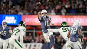 New England Patriots quarterback Drake Maye passes during the second half of an NFL football game against the New York Jets, Thursday, Nov. 13, 2025, in Foxborough, Mass. (Robert F. Bukaty/AP)