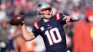 New England Patriots quarterback Drake Maye (10) works in the pocket against the Atlanta Falcons during the first half of an NFL football game, Sunday, Nov. 2, 2025, in Foxborough, Mass. (Robert F. Bukaty/AP)