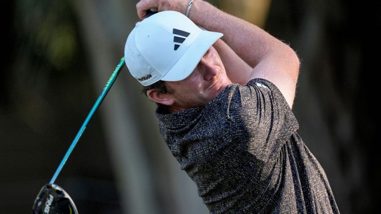 Nick Dunlap hits from the second tee during the second round of the RBC Heritage golf tournament, Friday, April 18, 2025, in Hilton Head Island, S.C. (Mike Stewart/AP Photo)