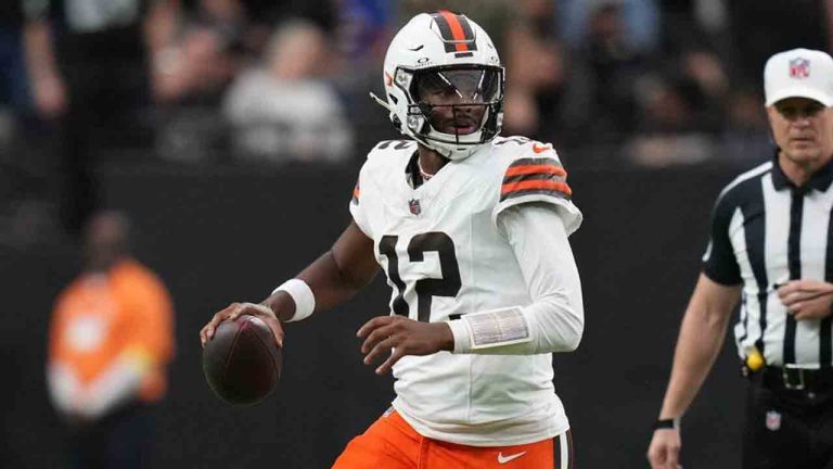 Las Vegas Raiders defensive end Tyree Wilson (9) pressures Cleveland Browns quarterback Shedeur Sanders (12) during the first half of an NFL football game Sunday, Nov. 23, 2025, in Las Vegas. (Eric Gay/AP)