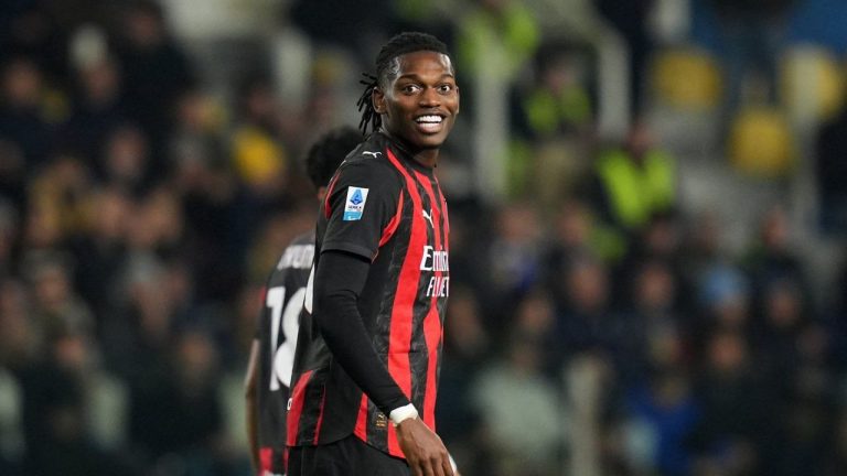 AC Milan's Rafael Leao celebrates after scoring during the Serie A soccer match between Parma and Milan in Parma, Italy, Sunday, Nov. 8, 2025. (Massimo Paolone/LaPresse via AP)