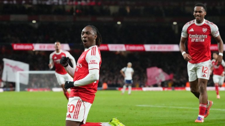 Arsenal's Eberechi Eze celebrates after scoring during a Premier League soccer match between Arsenal and Tottenham in London, Sunday, Nov. 23, 2025. (Frank Augstein/AP)