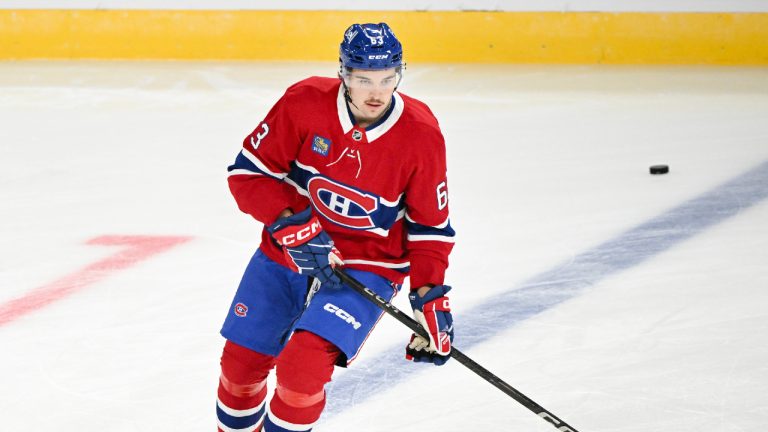 Montreal Canadiens' Florian Xhekaj skates prior to during first period NHL hockey Prospect Showdown action against the Toronto Maple Leafs in Montreal, Sunday, Sept. 14, 2025. (Graham Hughes/CP)
