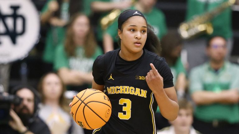 Michigan guard Mila Holloway plays during an NCAA basketball game on Saturday, Nov. 15, 2025, in Detroit. (Al Goldis/AP Photo)
