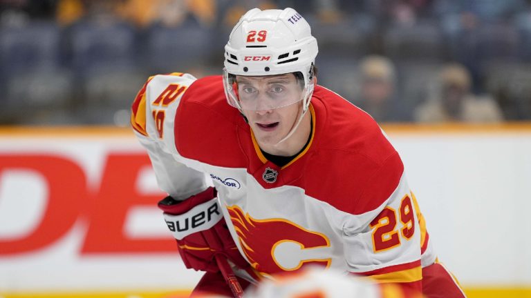 Calgary Flames left wing Samuel Honzek (29) gets into position during the first period of an NHL hockey game against the Nashville Predators, Saturday, Nov. 1, 2025, in Nashville, Tenn. (Camden Hall/AP)