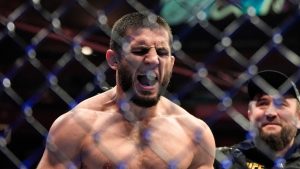 Russia's Islam Makhachev reacts after defeating Australia's Jack Della Maddalena during a welterweight title bout at the UFC 322 mixed martial arts event, Saturday, Nov. 15, 2025, in New York. (Yuki Iwamura/AP)