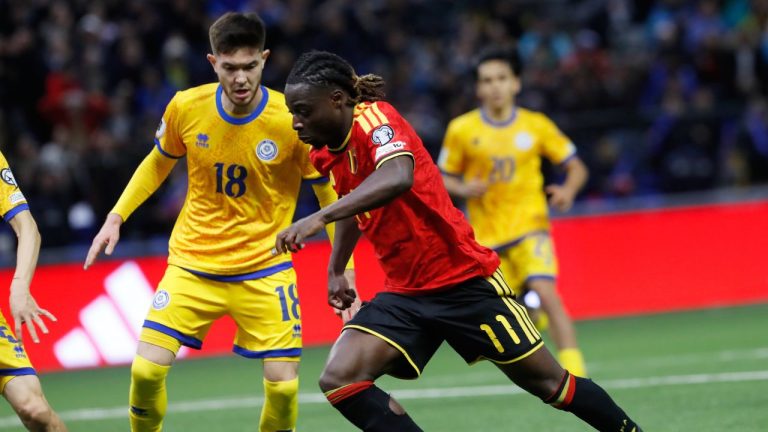 Kazakhstan's Dinmukhamed Karaman, left, and Belgium Jeremy Doku challenge for the ball during the 2026 World Cup group J qualifying soccer match between Kazakhstan and Belgium in Astana, Kazakhstan, Saturday, Nov. 15, 2025. (AP)