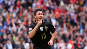 Portugal's Joao Neves celebrates after scoring his side's fourth goal during a World Cup 2026 group F qualifying soccer match between Portugal and Armenia in Porto, Portugal, Sunday, Nov. 16, 2025. (Luis Vieira/AP)