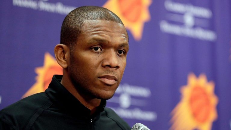 Phoenix Suns general manager James Jones speaks to the media, on April 24, 2019, in Phoenix. (Matt York/AP)