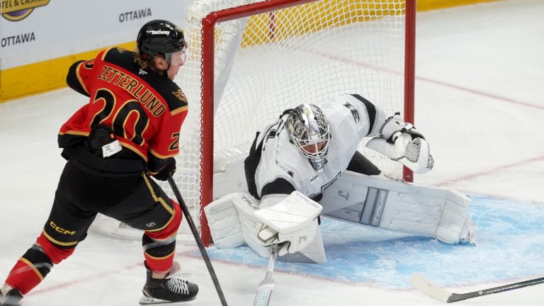 Los Angeles Kings goaltender Anton Forsberg (31) pokes the puck away from Ottawa Senators left wing Fabian Zetterlund (20) during first period NHL action in Ottawa, Saturday, Nov. 15, 2025. (Adrian Wyld/CP)