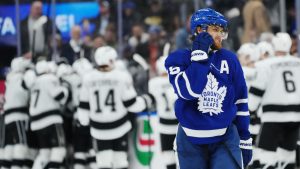 Toronto Maple Leafs' William Nylander (88) reacts as the Los Angeles Kings celebrate their overtime win in NHL hockey in Toronto on Thursday, November 13, 2025. (Nathan Denette/CP)